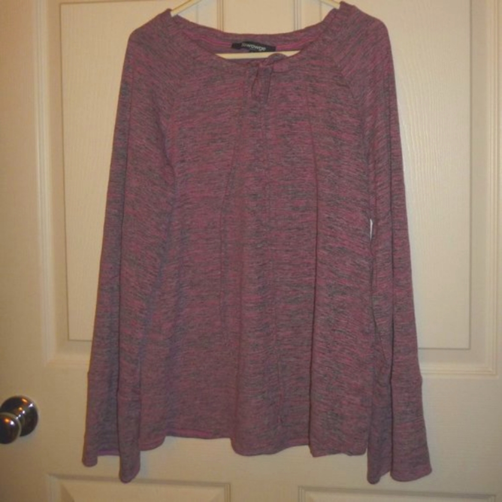 Towowge Basic Marled Pink Keyhole Tie Front Long Bell Sleeves Top, Small